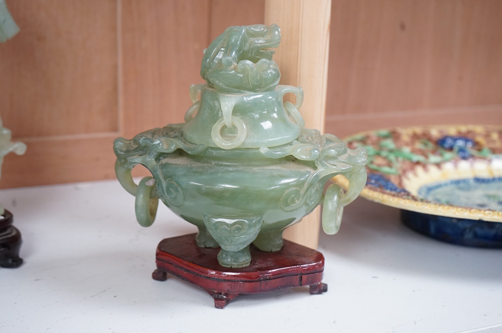 A Chinese jadeite figure and a similar censer and cover, overall 23cm high